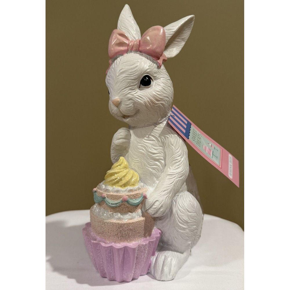 Sweet Treats Easter Bunny Rabbit‎ Pink Bow Cupcake Figurine Figure Decor 11.75"